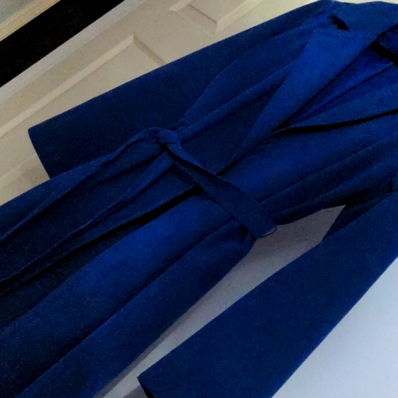 Vintage BRODKIN Ultrasuede Belted Trench Coat, Blue suede, size L - Picture 4 of 7